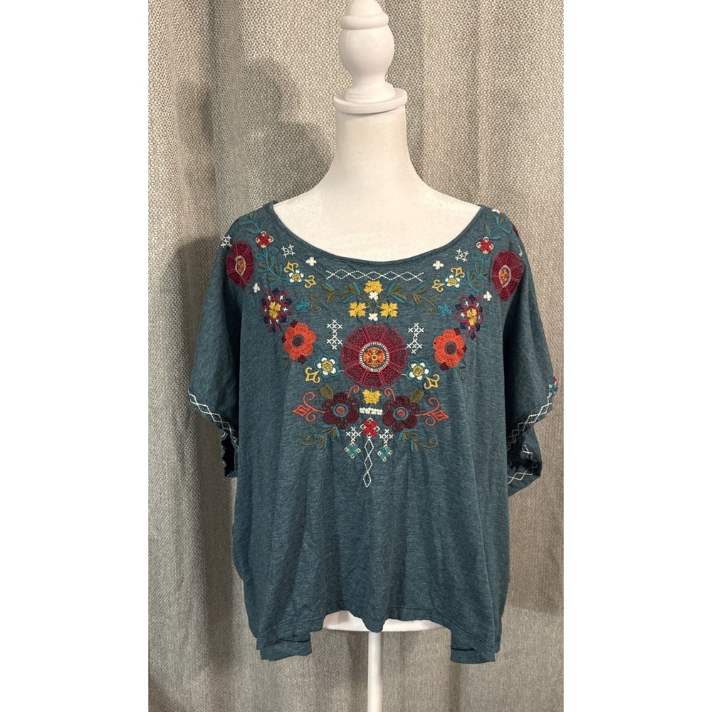 Johnny Was Embroidered  Daryn Short Sleeve Tee Draped Tunic Women's Size Small